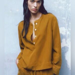 Zara Linen Blend Button up Shirt in rich pumpkin size small New